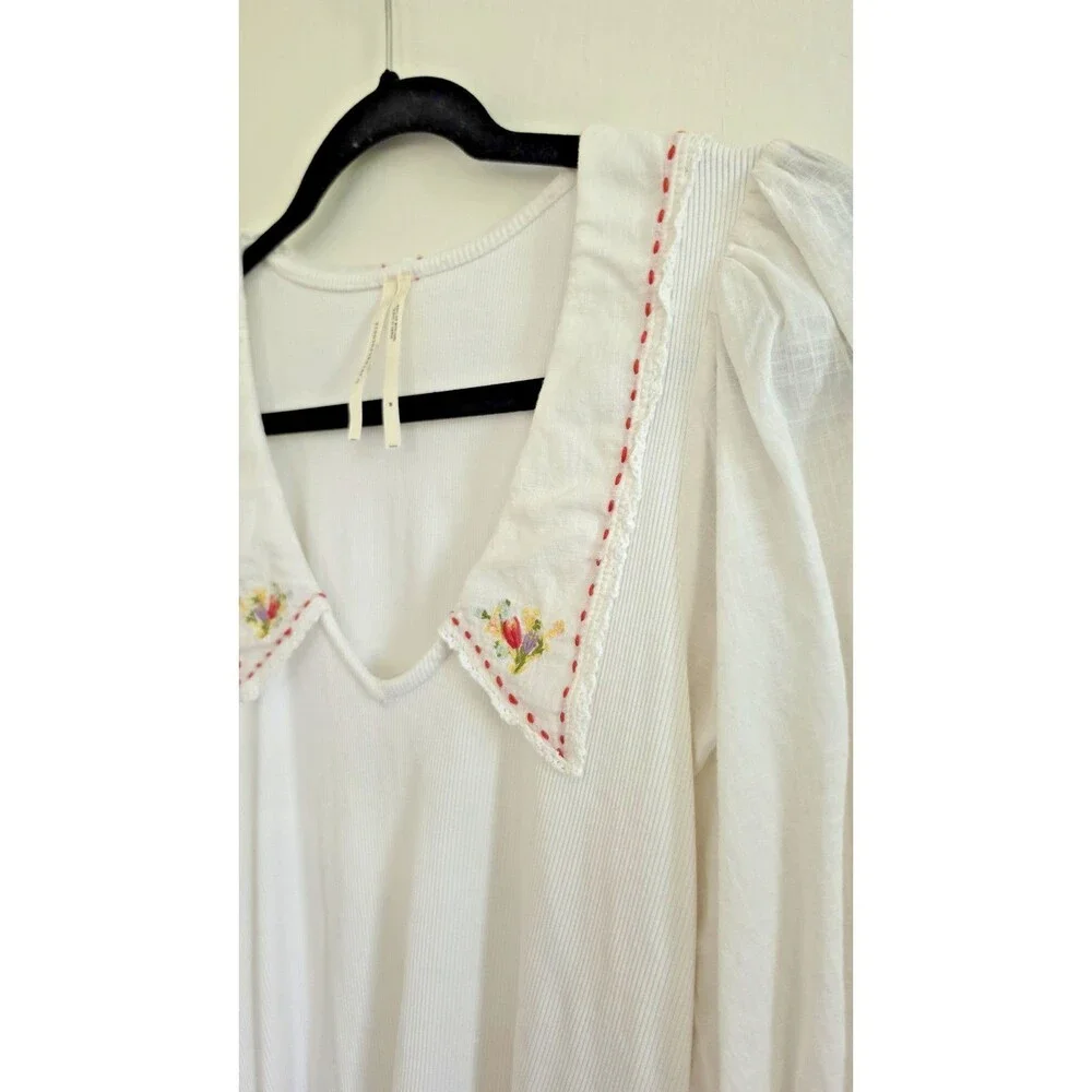 Anthropologie Floral Embroidered Collar Puff Sleeve Boho White Top Sz S